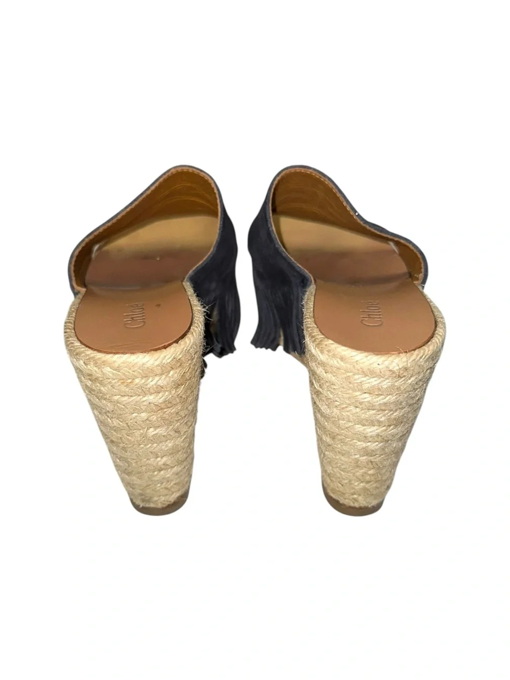 Chloe Estel Navy Suede Fringe Espadrille Wedge Sandals 37